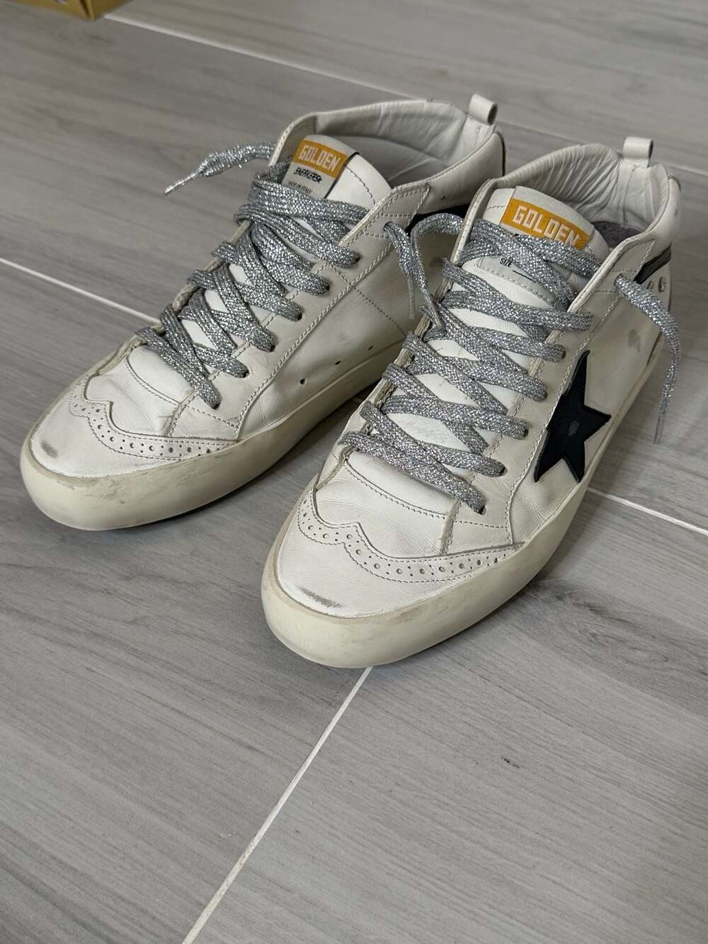 Golden Goose Mid Star Sneaker White Leather Black Star with Silver Glitter Laces